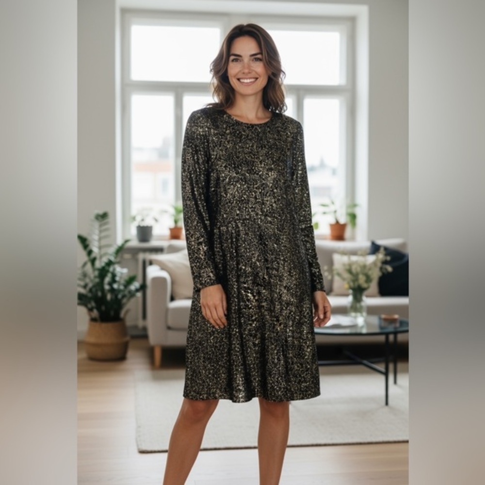 Gold Label by Tricoville Black Gold Metallic Long Sleeve Dress Women’s Size 10